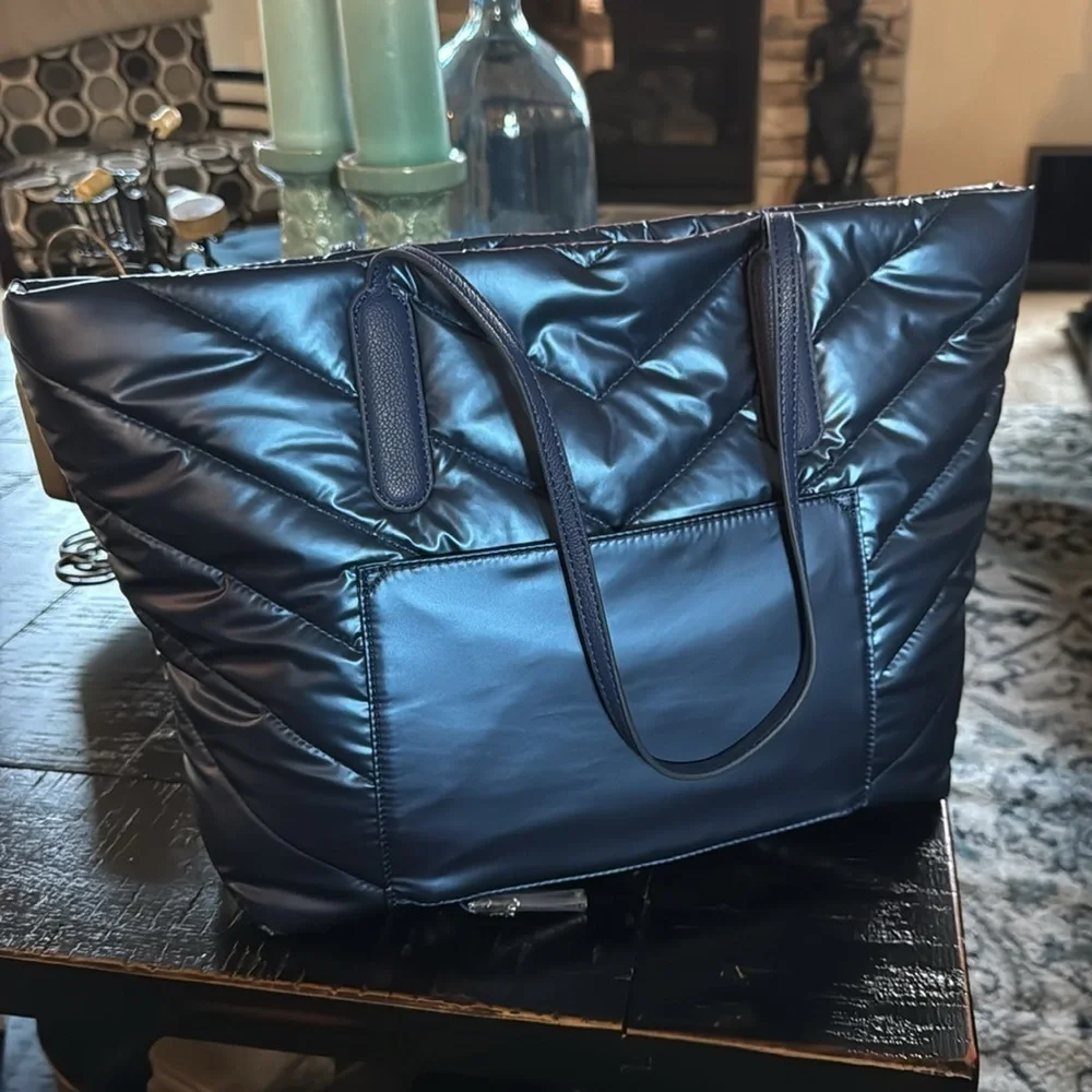 Antonio Melani, Metallic Blue Penelope Nylon Tote w:Trolley Sleeve NWT